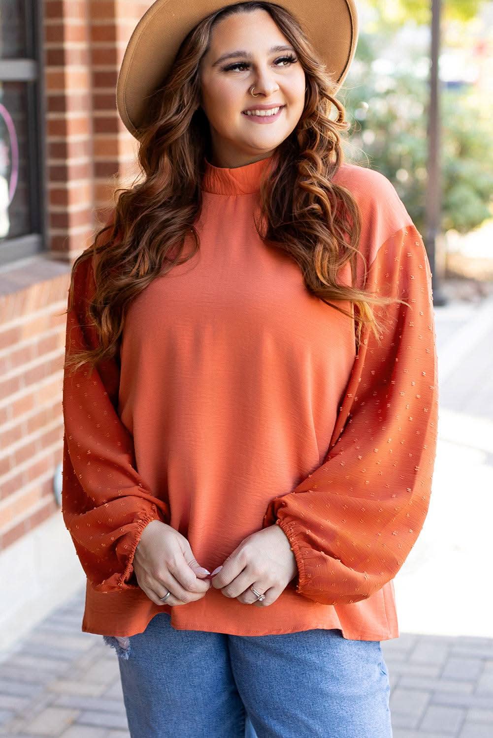 Russet Orange Swiss Dot Balloon Sleeve Loose Blouse - Love Salve